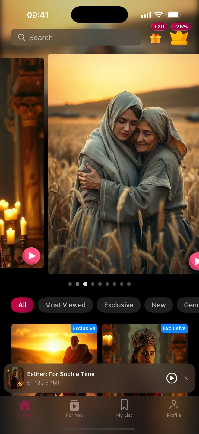 The Blessed Reels home screen with featured series and categories